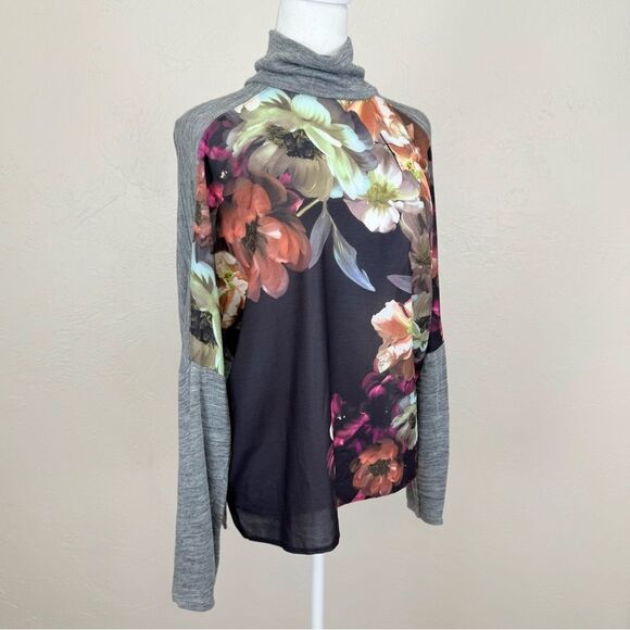 Zara W&B Floral Chiffon Sheer Front Gray Fine Knit Roll Neck Turtleneck Top L - Picture 2 of 10